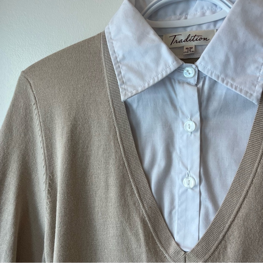 Layered look professional preppy collared shirt knit tie waist Y2K retro - Picture 7 of 10